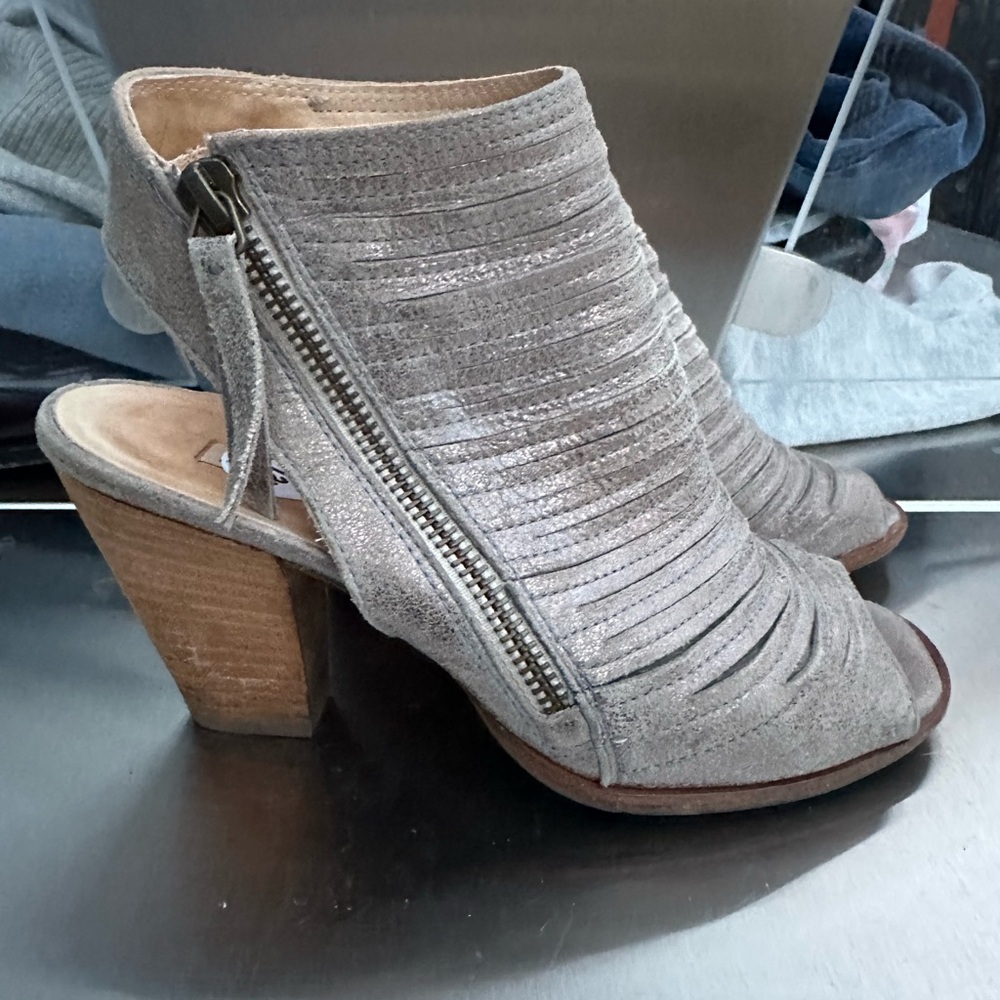 Paul Green Gray Suede Open-Toe Espadrille Heeled Sandals with Side Zip